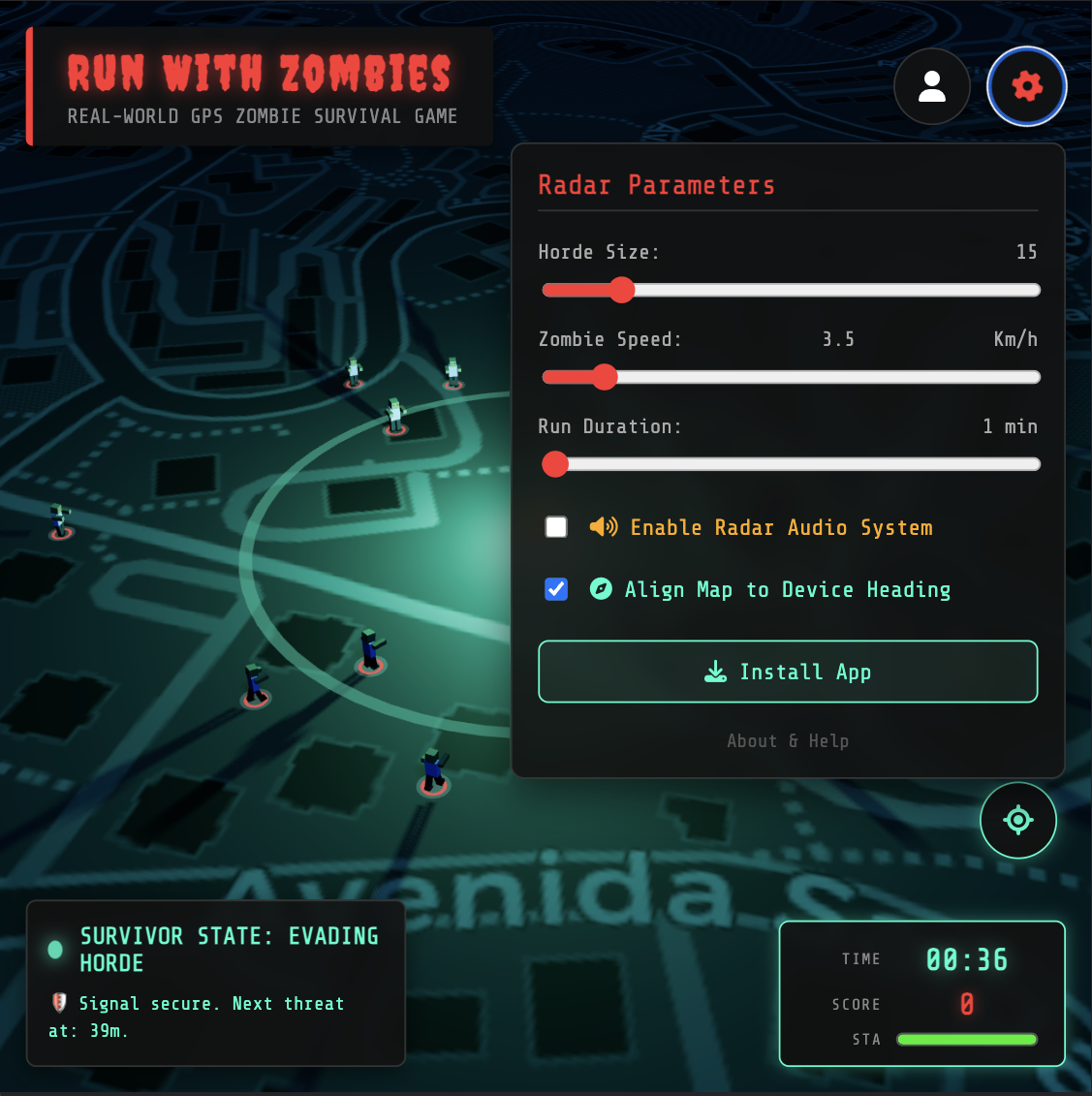 Run With Zombies browser game settings for horde size, speed, and duration