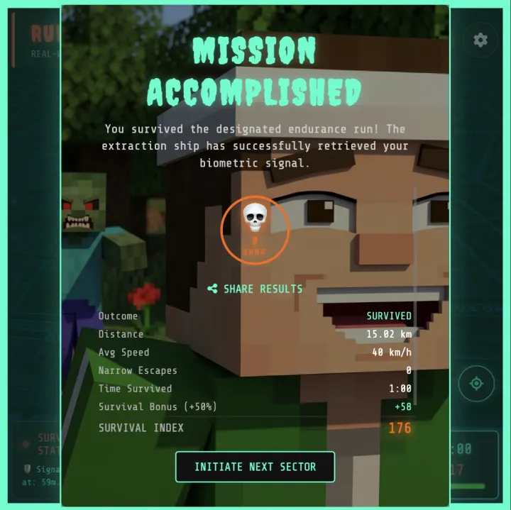 Actual mission complete screen showing a successful extraction and survivor score