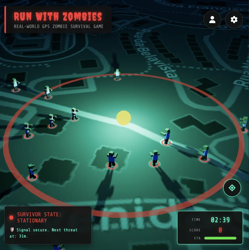 Actual gameplay: zombies surround your position on a street map, with a survival timer and stamina meter